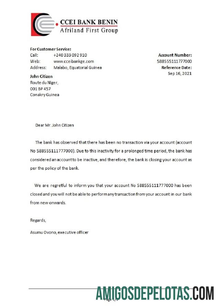 Guiné Equatorial Banco CCEI Benin Referência de encerramento do banco modelo